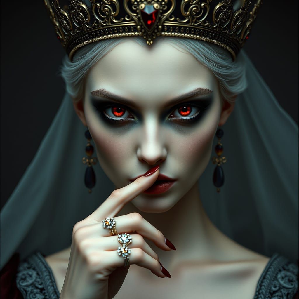 Regal Vampire Queen with Haunted Red Eyes and Ancient Beauty