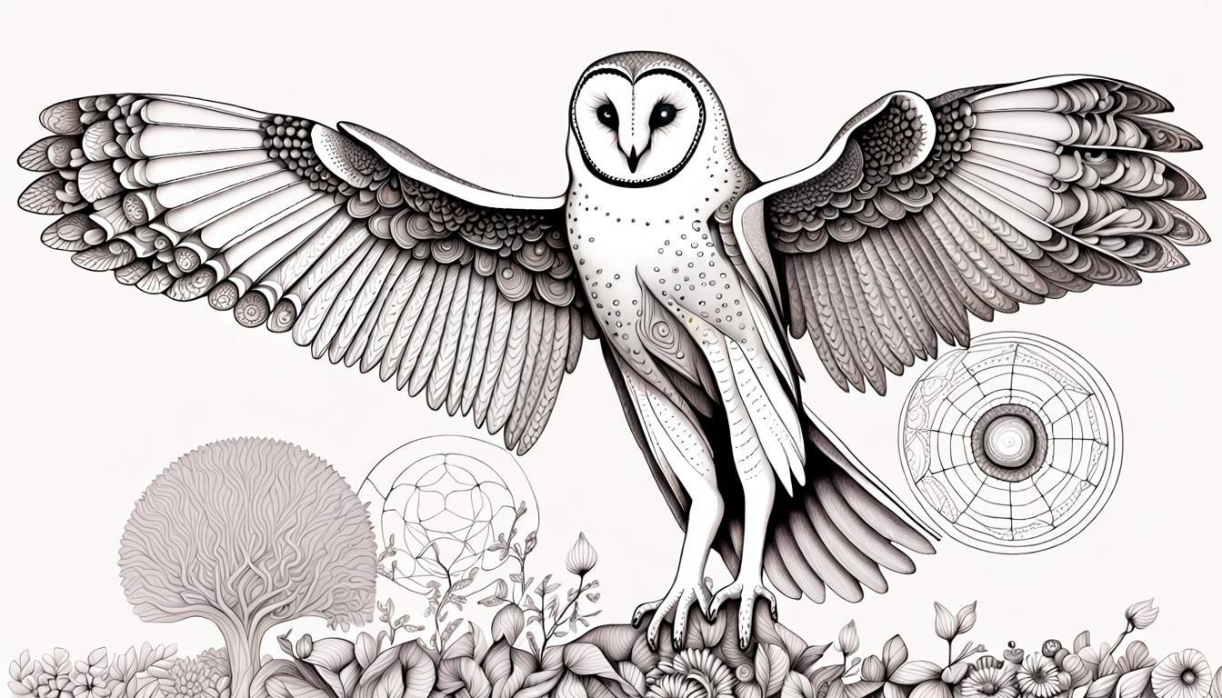 Mystical Barn Owl with Geometric Flora