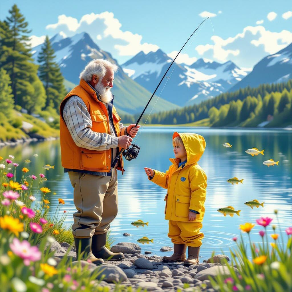 Grandfather and Grandson Fishing in 3D Rendered Style