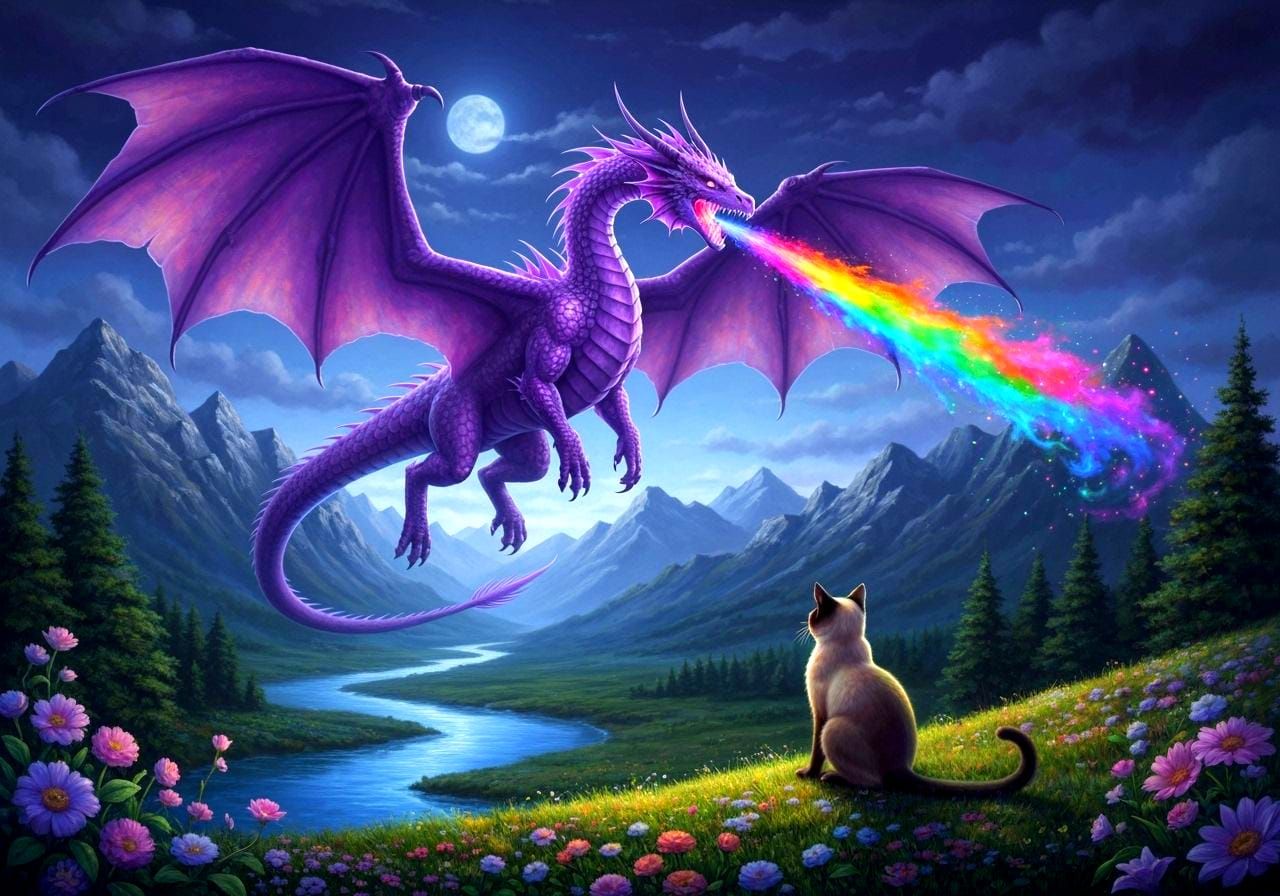 Bioluminescent Purple Dragon Breathes Rainbow Fire