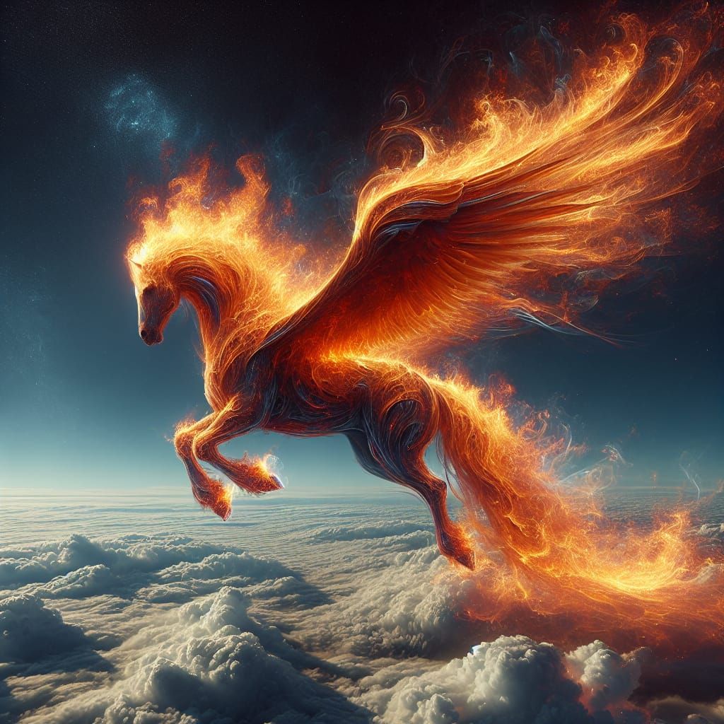 Majestic Fiery Winged Horse Soaring Above Clouds