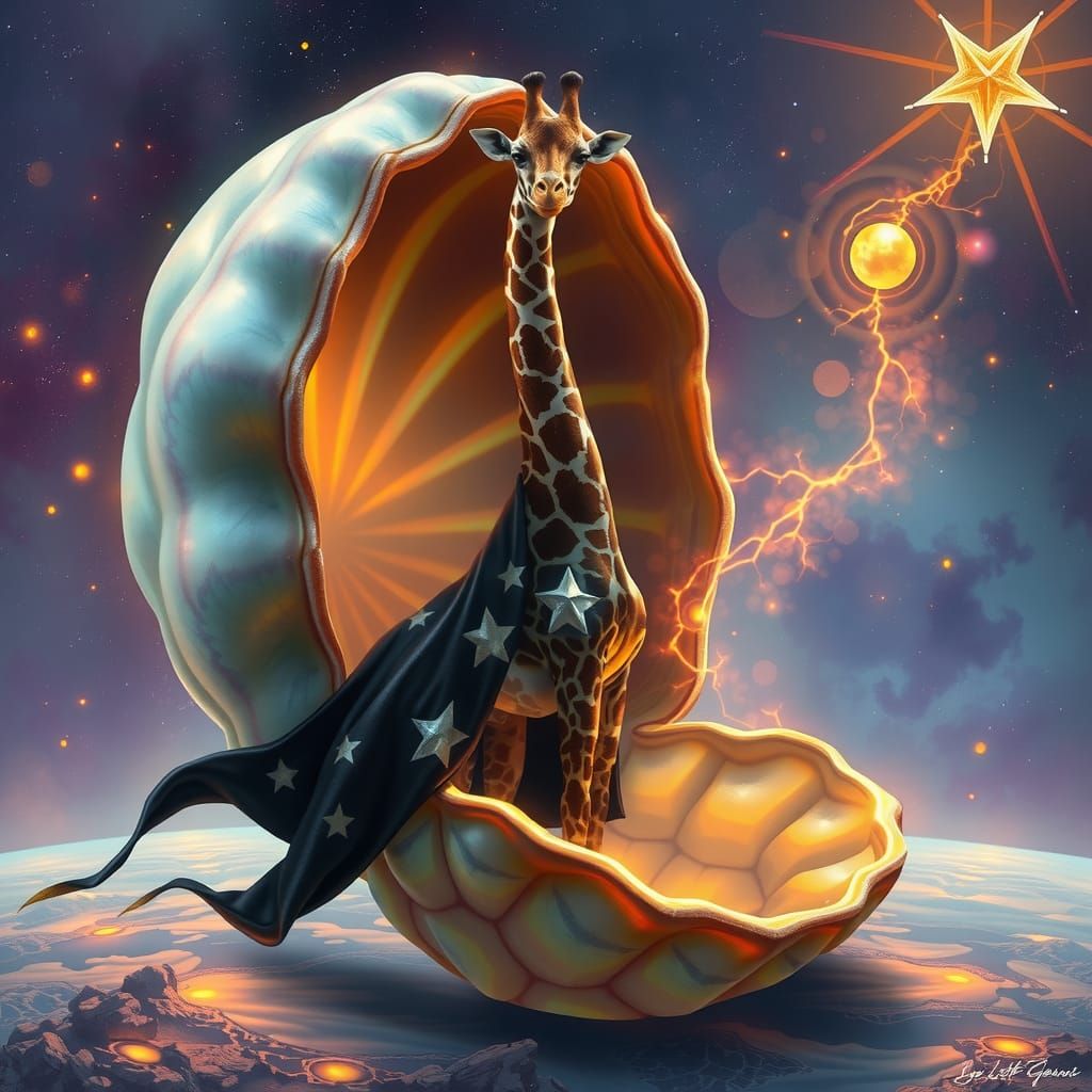 Giraffe Emerges from Cosmic Seashell in Surreal Scene