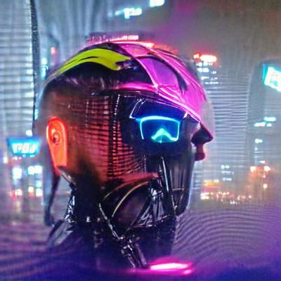 Cyberpunk Character with Reflective Helmet in Neon Style