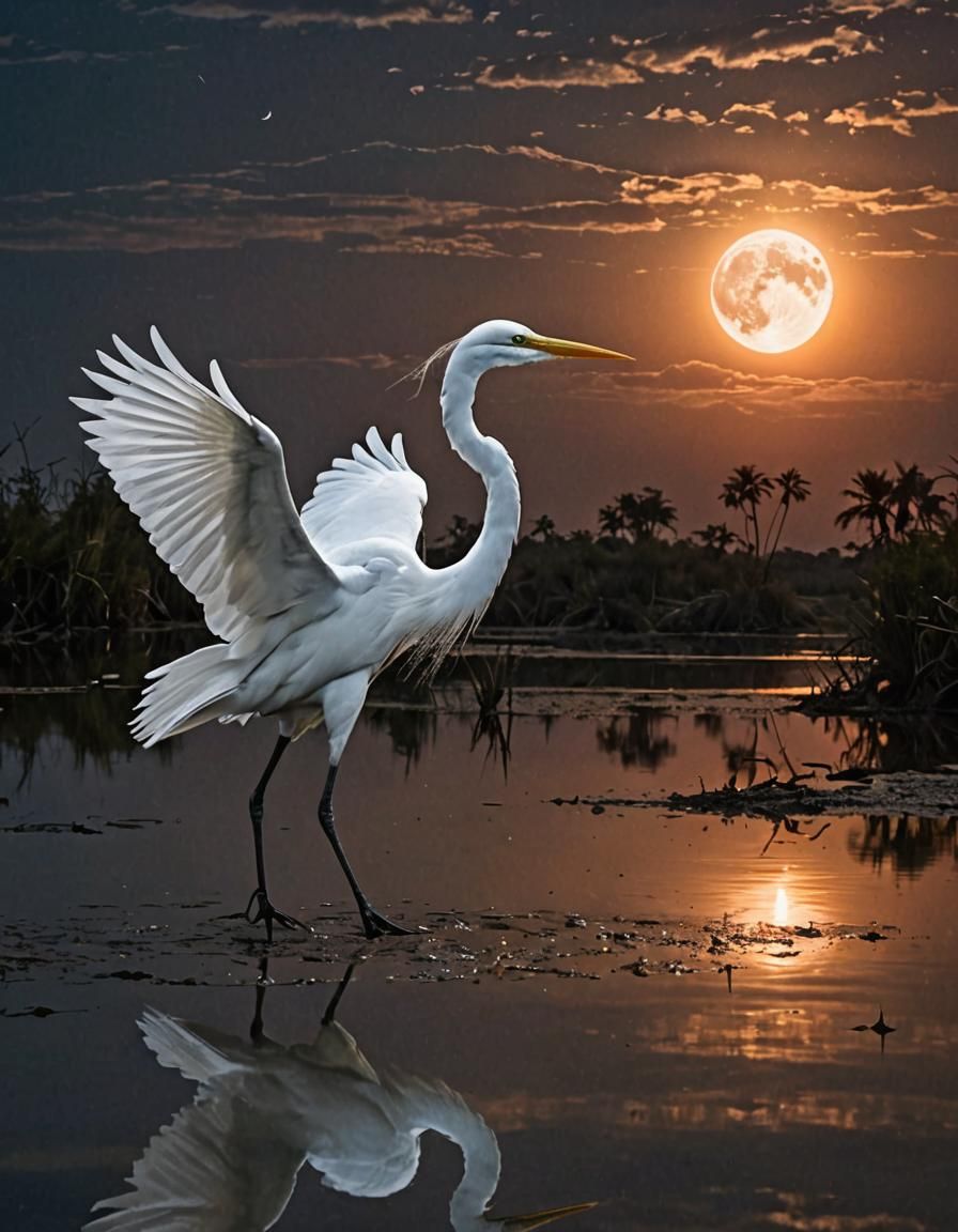 Elegant Egret Enters Ethereal Estuary During Eclipse