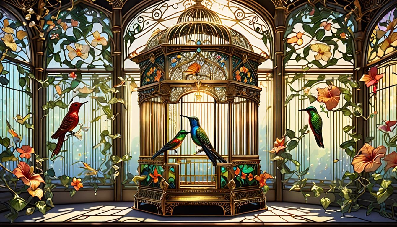 Ornate Art Deco Bird Cage with Golden Filigree and Jewels