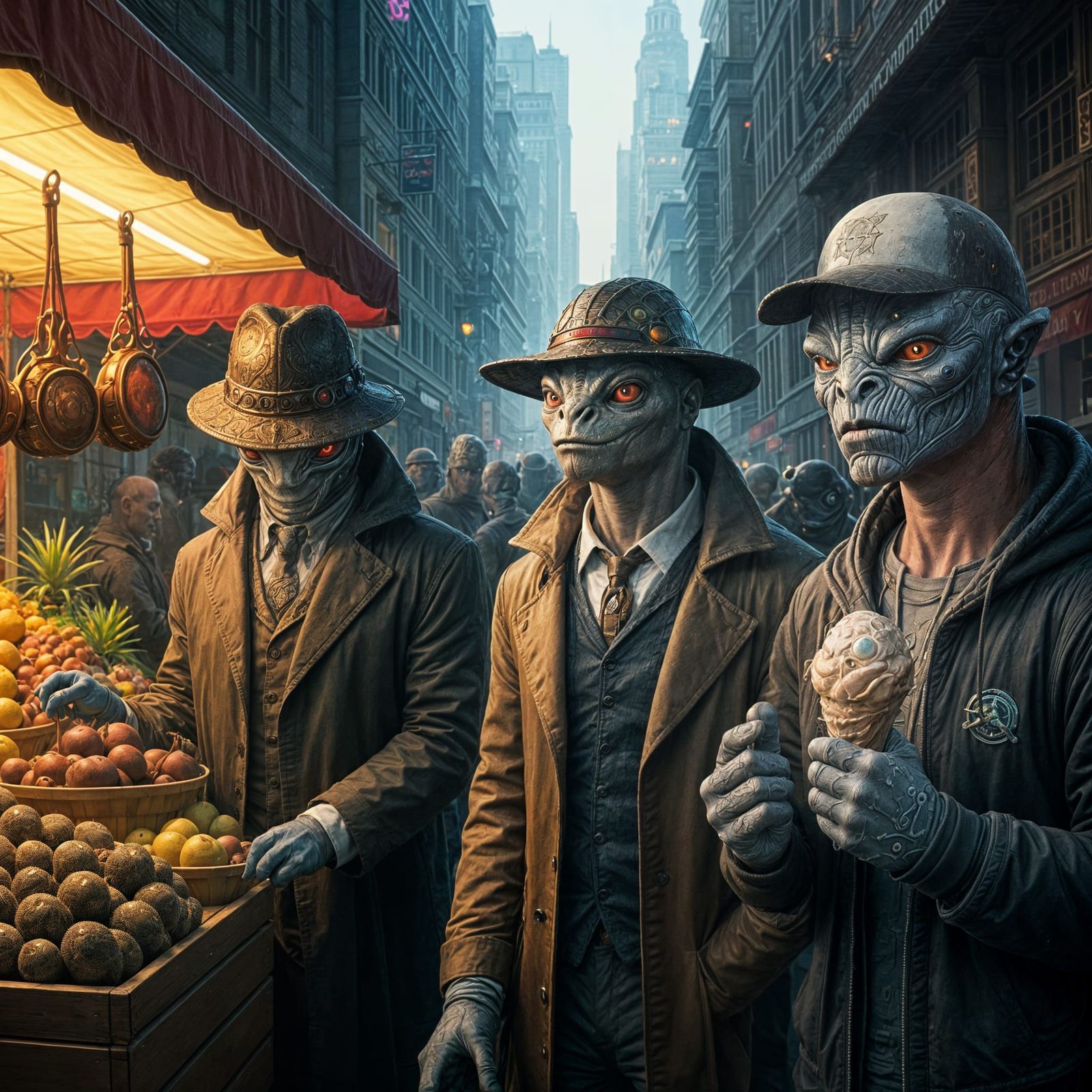 Aliens Observing Humanity: City Market Scene