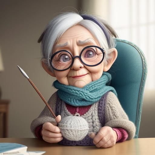 Chibi Old Lady Knitting: Disney Pixar 3D Render