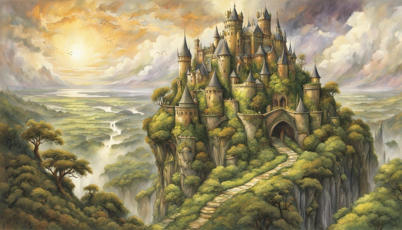 Surreal Fantasy Castle Amidst Lush Landscapes in Whimsical W...