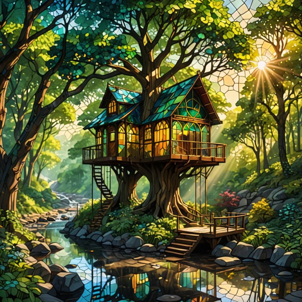 Stained Glass Treehouse in Forest, Mixed Media