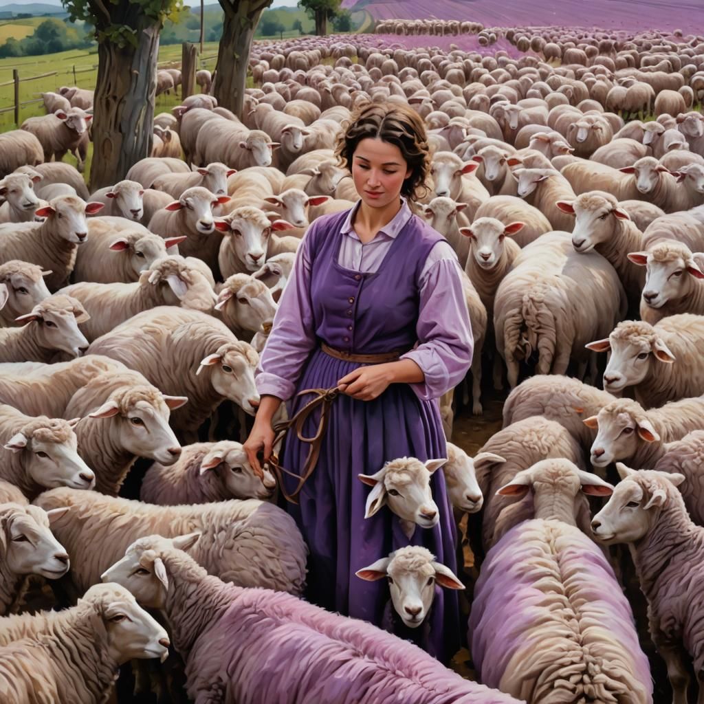 Idyllic Farm Scene with Woman and Sheep