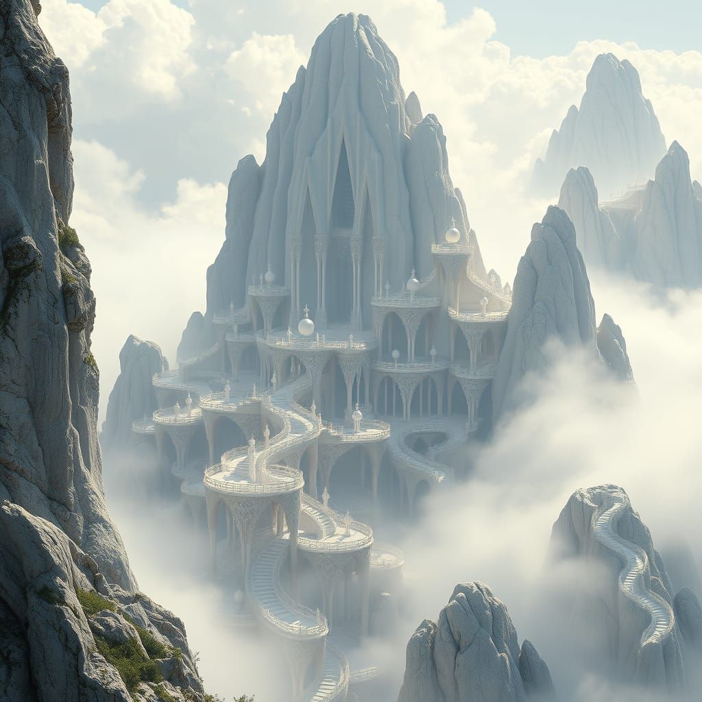 Ethereal Elven Metropolis Amidst a Heavenly Mountain Peak