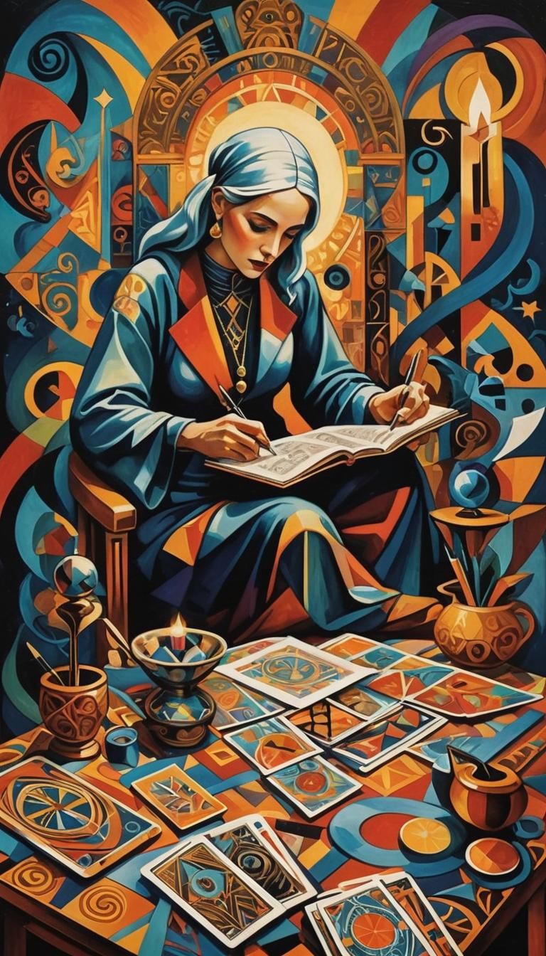 Cubist Art Deco Woman Writing with Pen of Fate