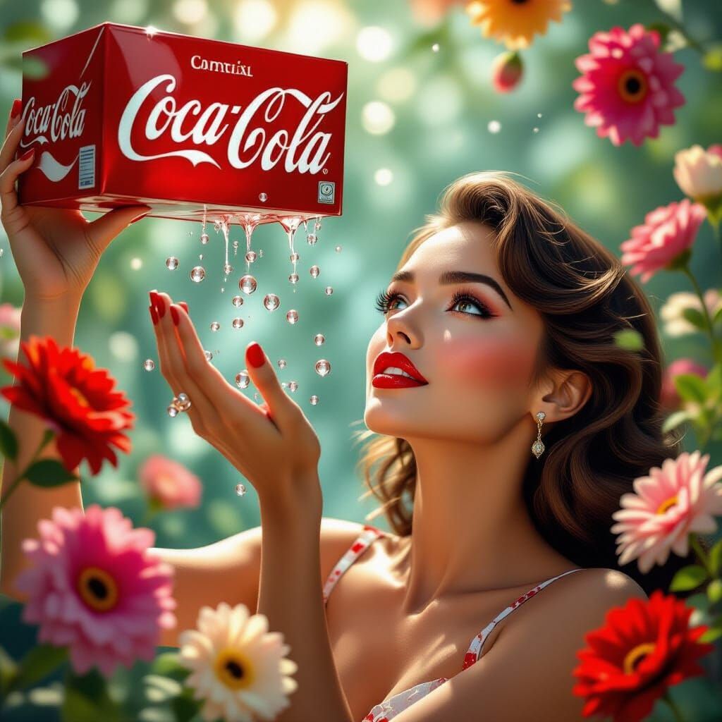 Woman Reaching for Coca-Cola Drops Amidst Flowers