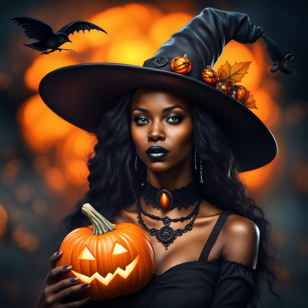 Beautiful Black Witch in Detailed Airbrush Art