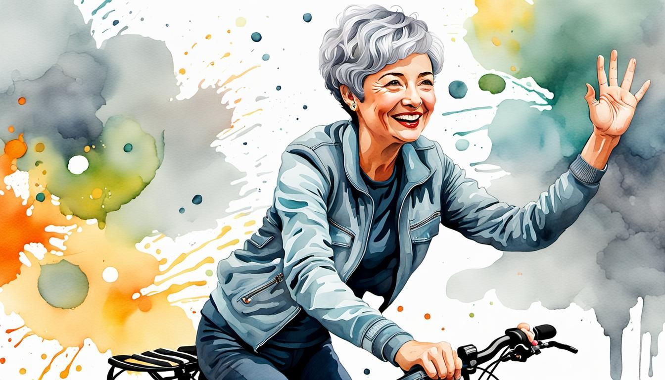Joyful Woman on Bicycle in Watercolor Pop Art