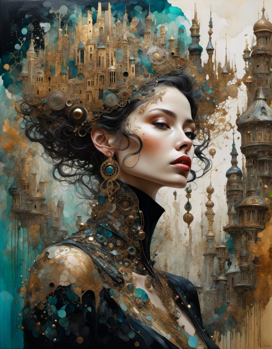 Mechanical Woman Portrait in Golden Outlines