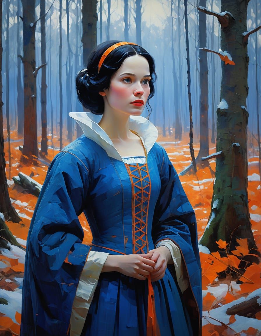 Snow White in Forest Clearing, Expressive Abstract Art
