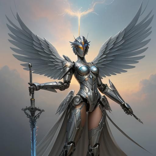 Androgynous Robot Angel with Flaming Sword