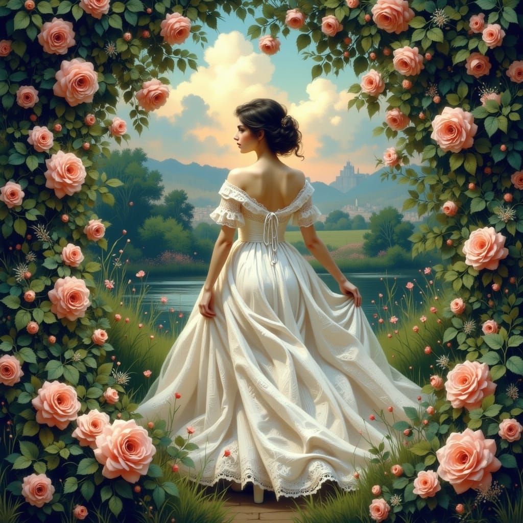 Romantic Portrait of Scarlett O'Hara in a Flowing White Gown