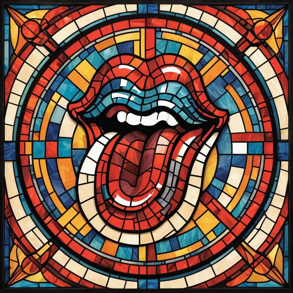 Rolling Stones Tongue Logo in Cubist Stained Glass