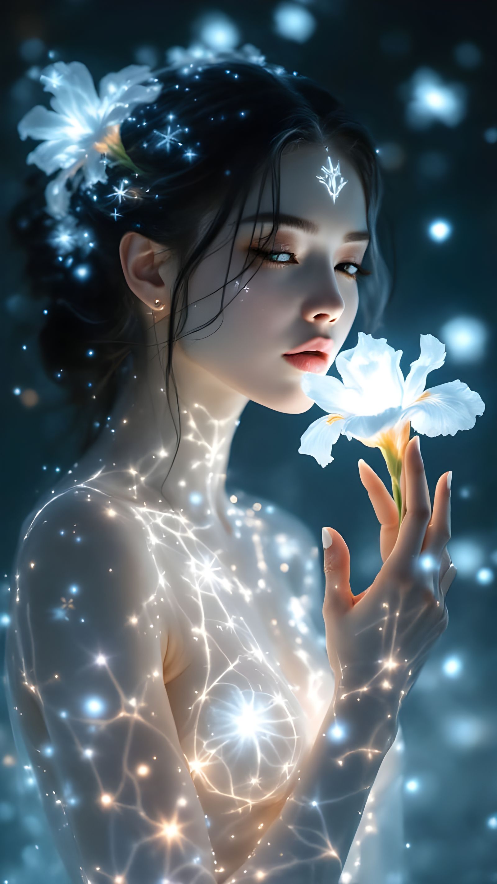 Ethereal Woman with Bioluminescent Iris Flower