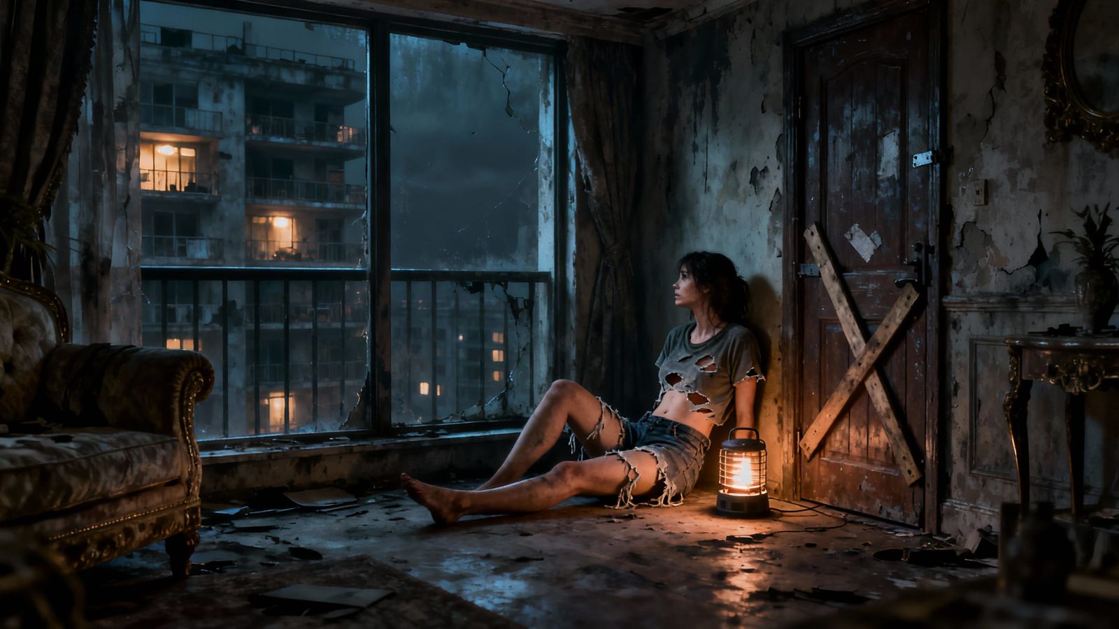 Survivor Gazes From Ruined Penthouse Over City Lights