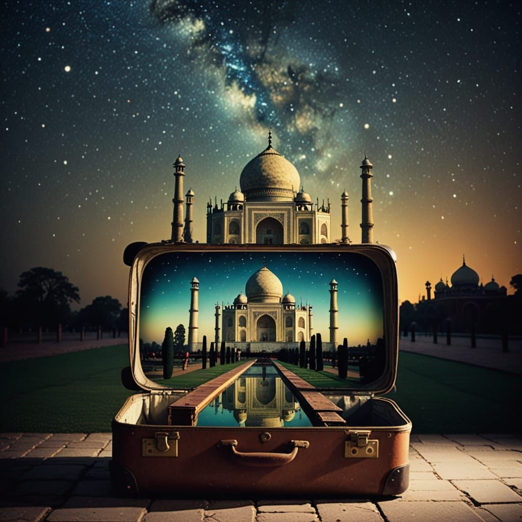 Surreal Nighttime Tajmahal Scene in a Vintage Suitcase