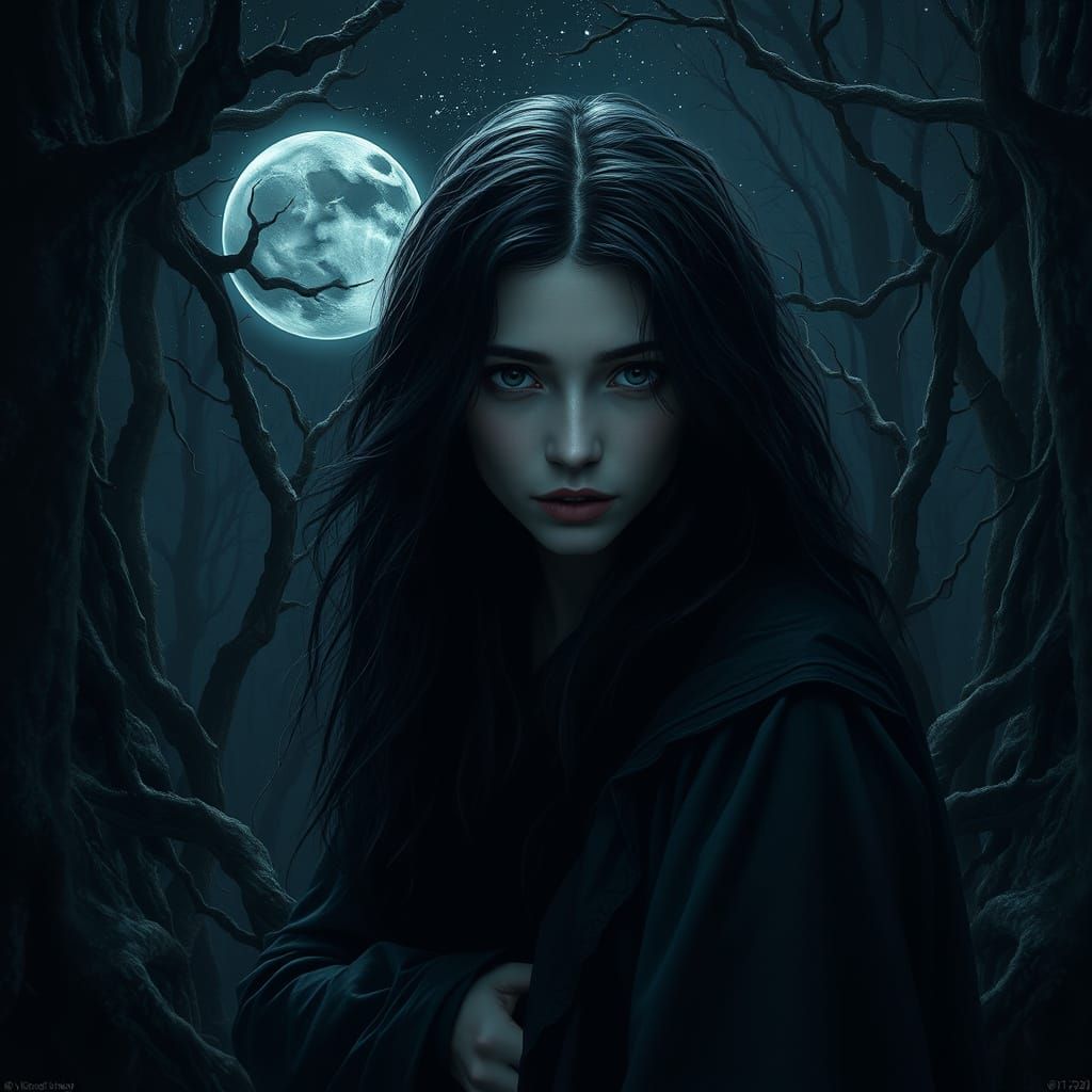 Mysterious Dark-Haired Woman in Ancient Forest Under Etherea...