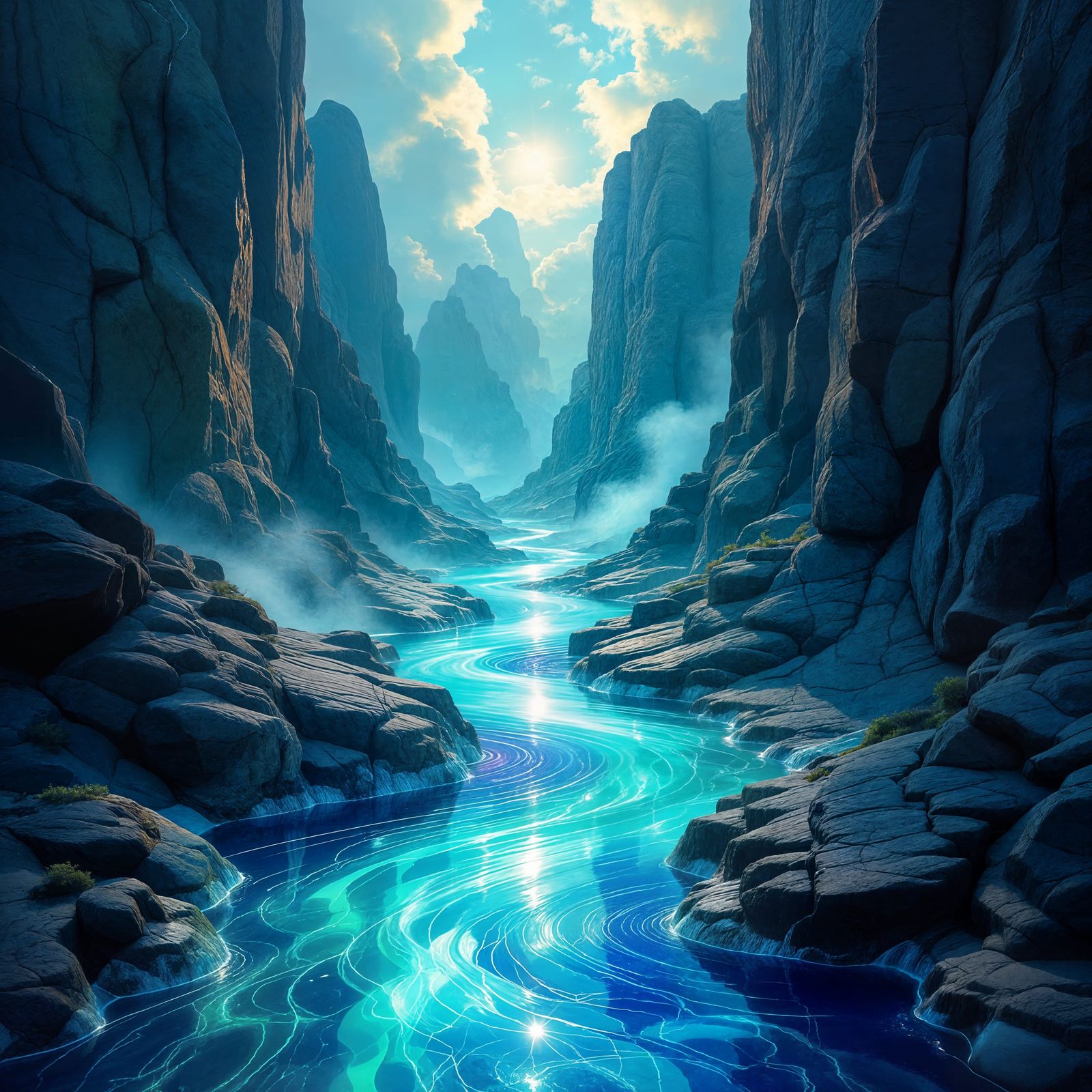 Liquid Gemstone River Between Natural Rocks Abstract Art