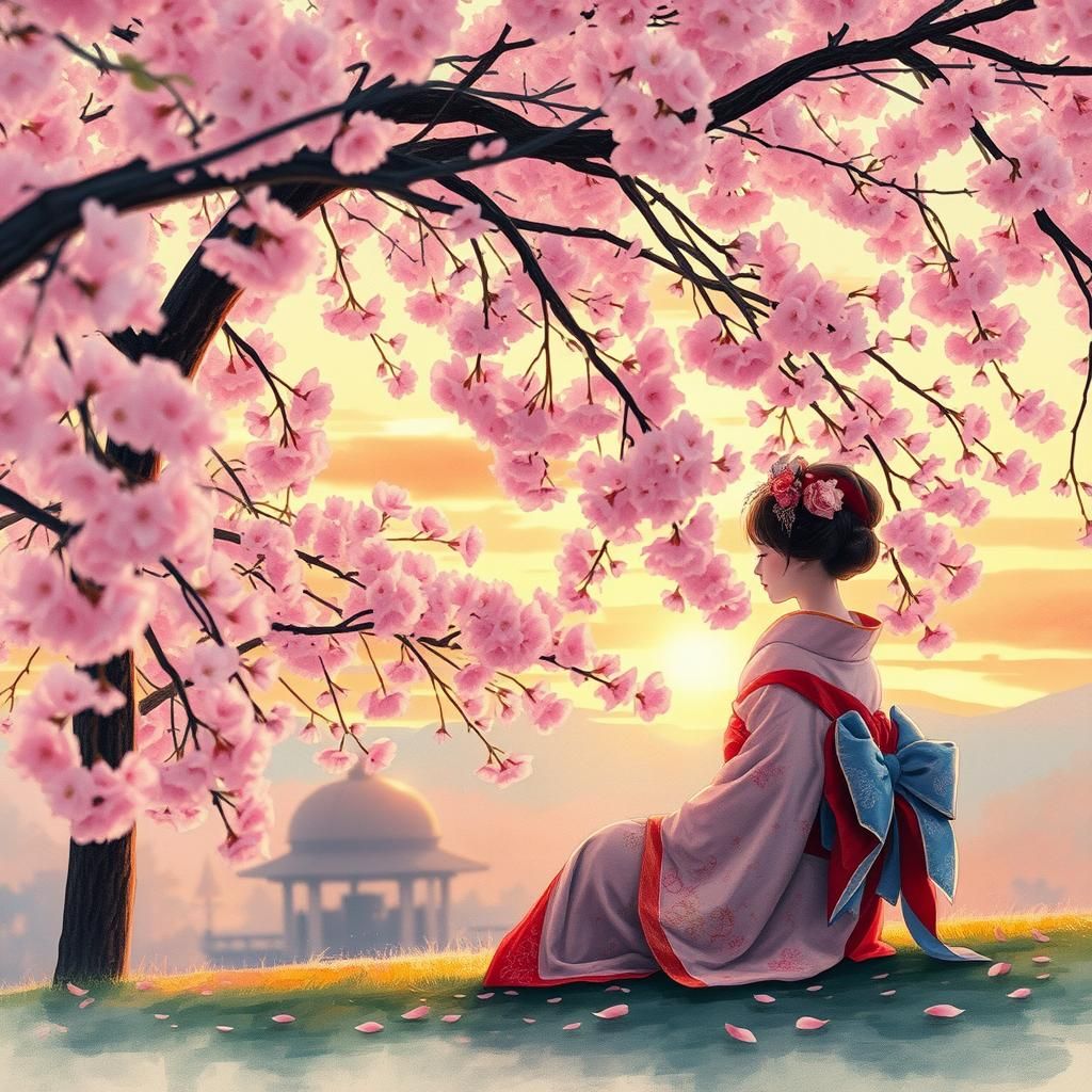 Geisha in Cherry Blossoms: Japanese Impressionism