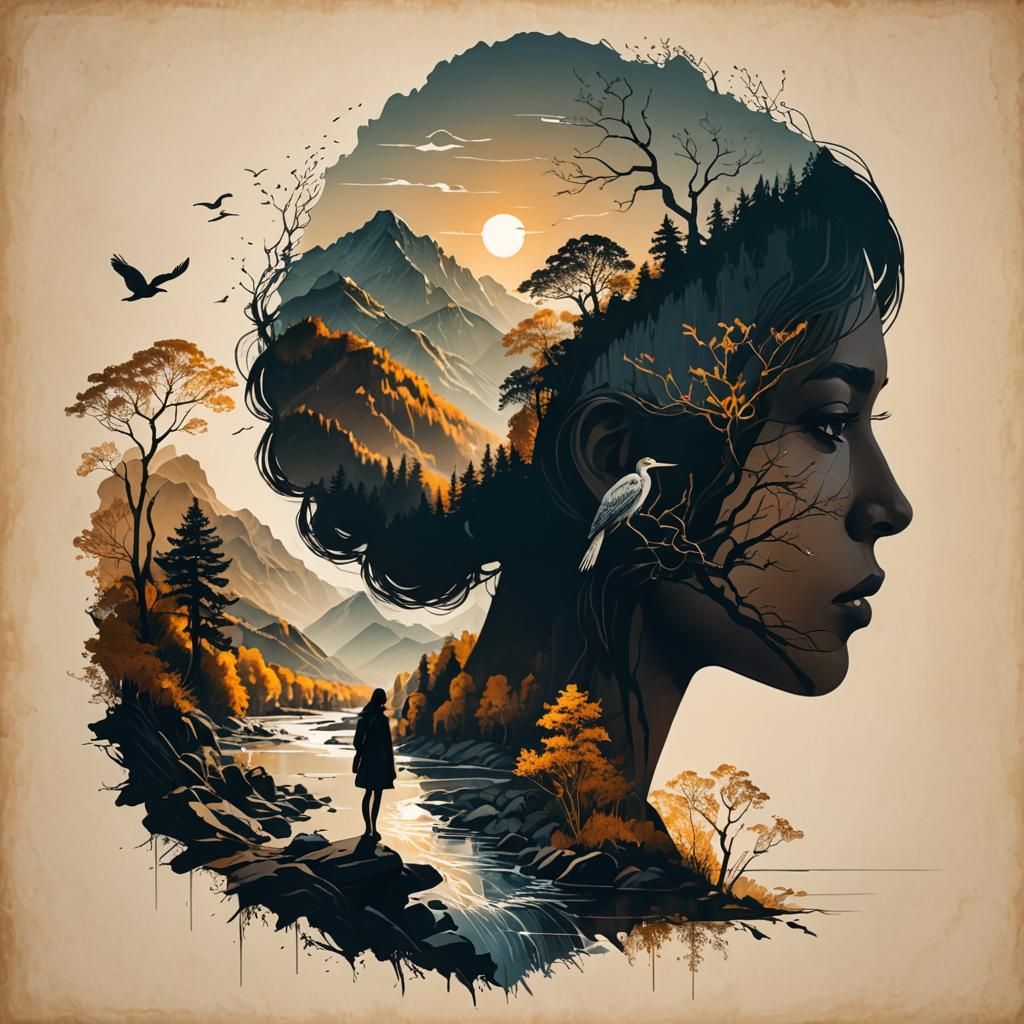 Autumn River Silhouette in Double Exposure Style