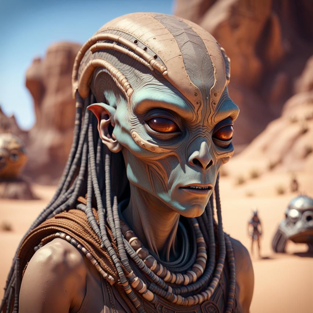 Alien Nomad Family at Desert Oasis in 3D