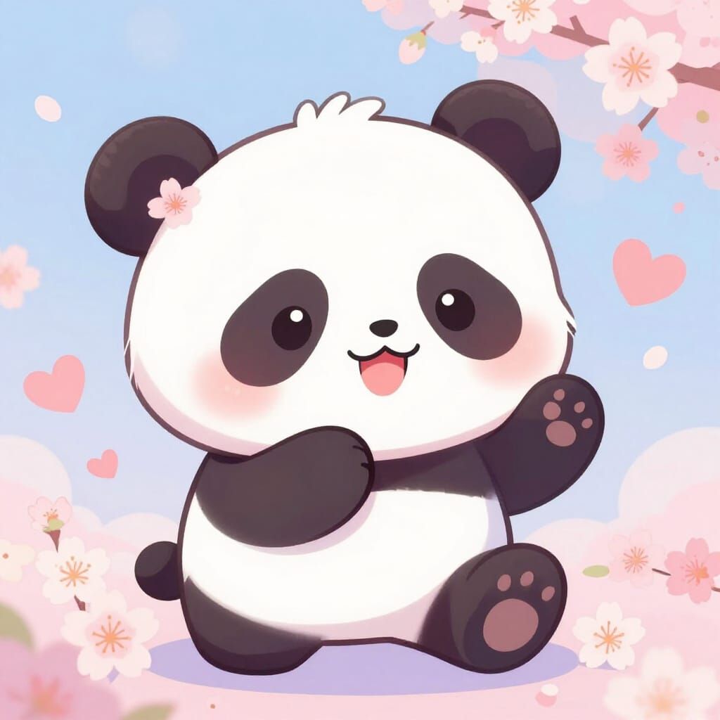 Kawaii Anime Panda Surrounded by Cherry Blossoms