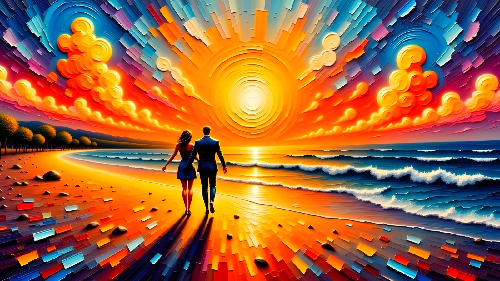 Couple Silhouetted by Vibrant Sunset on Beach