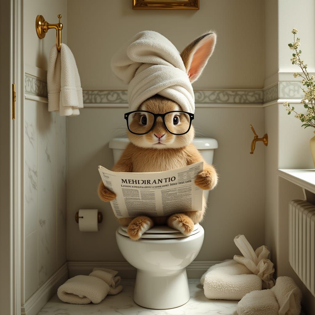 Bunny Reading Newspaper in Luxurious Bathroom