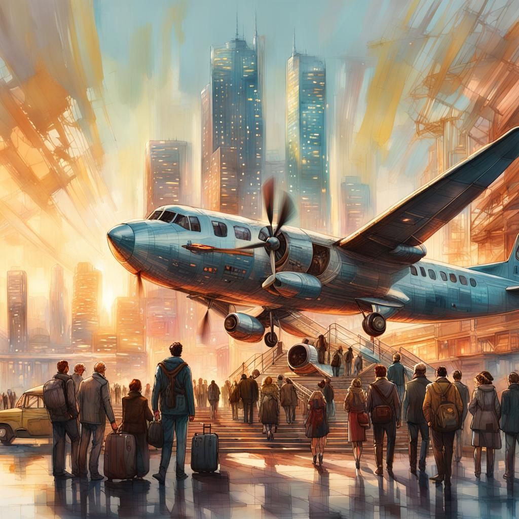Propeller Plane Takes Off in Futuristic City