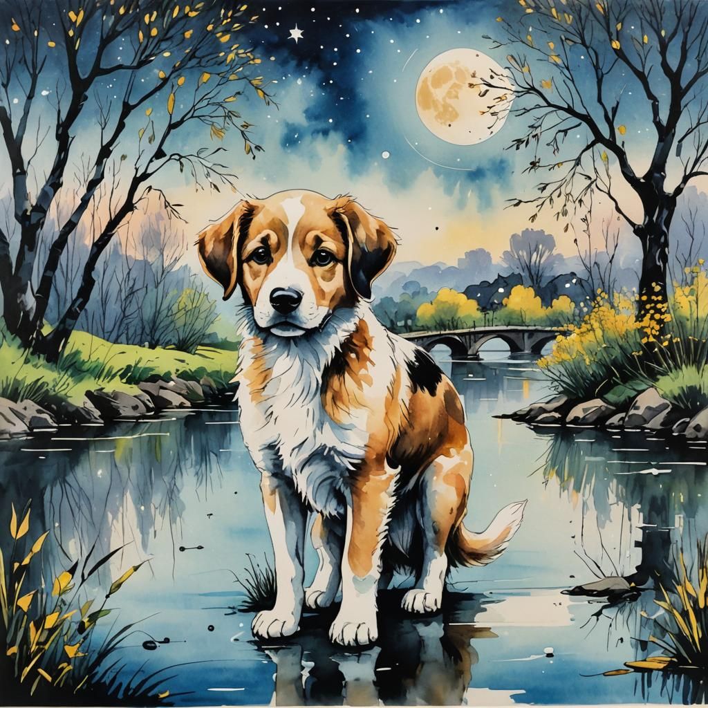 Puppy by River in Colorful Ink Painting