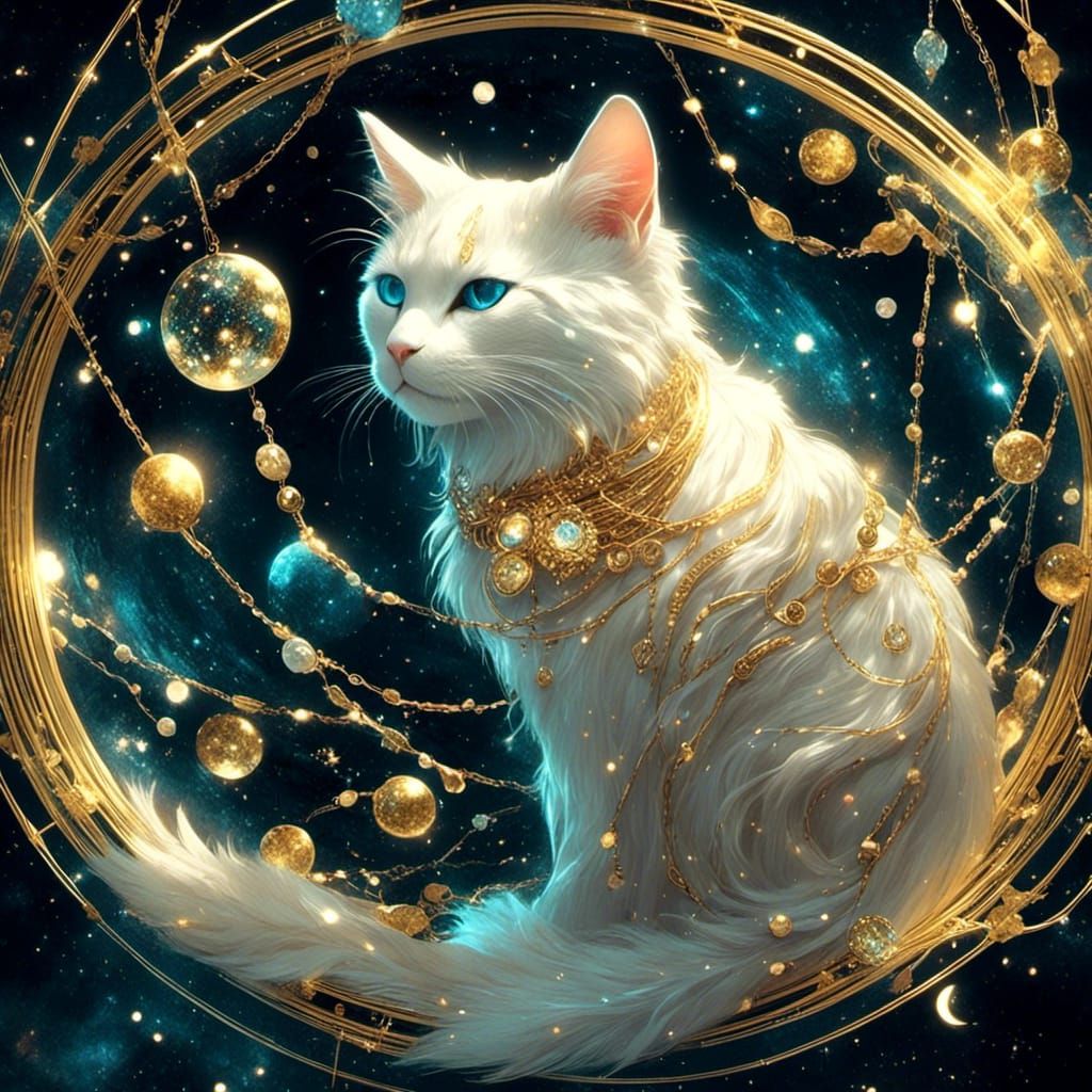 Holographic Cat in Gold Jewelry Fantasy Art