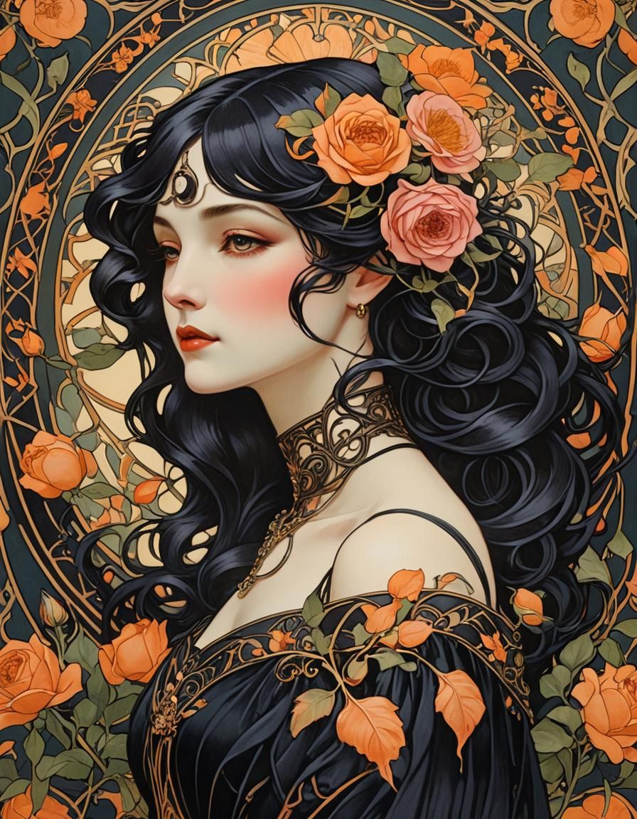 Art Nouveau Woman with Rose Hair