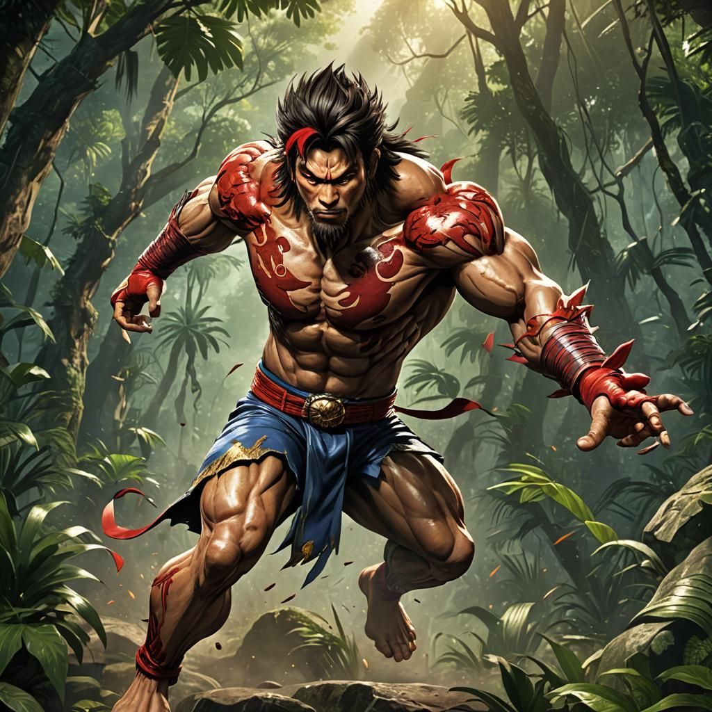 Martial Artist and Lion in Jungle, Hyperrealistic Art