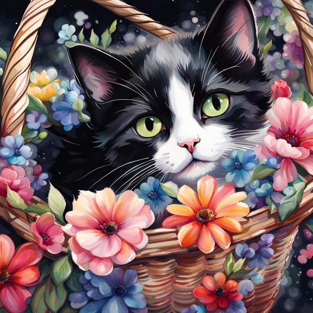 Kitten in Flower Basket Watercolor Painting