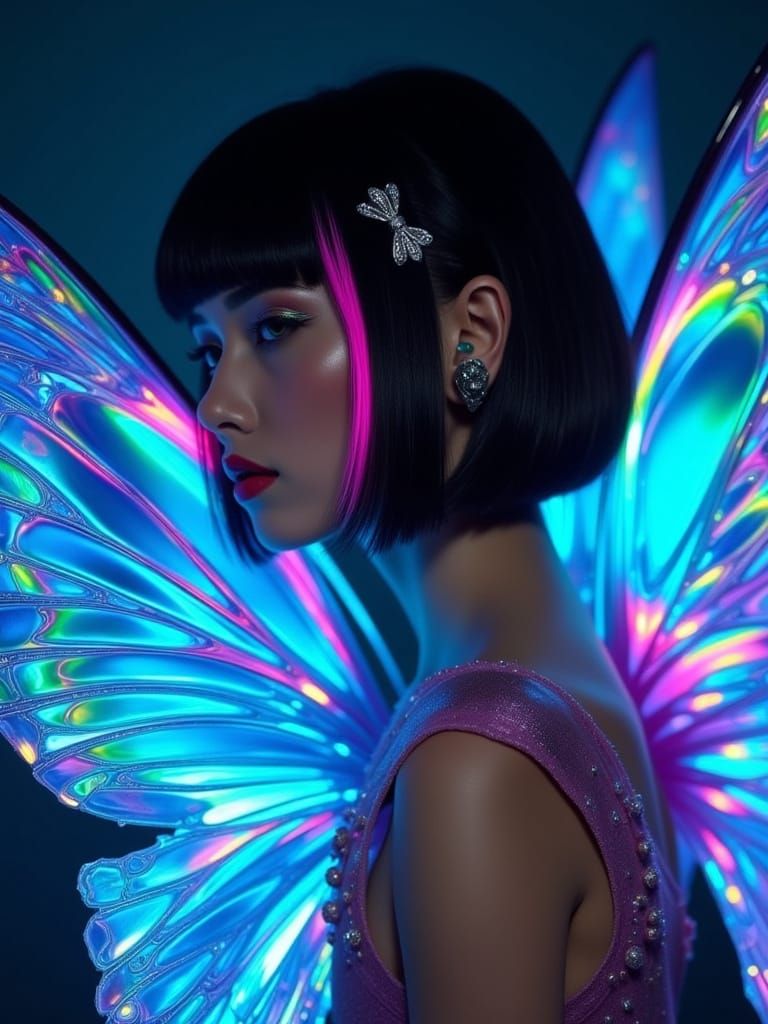 Futuristic Woman in Iridescent Butterfly Gown