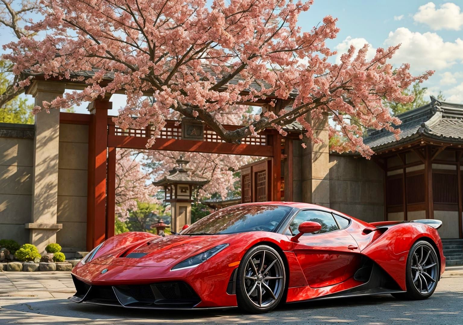 Supercar Parked at Japanese Temple Gate