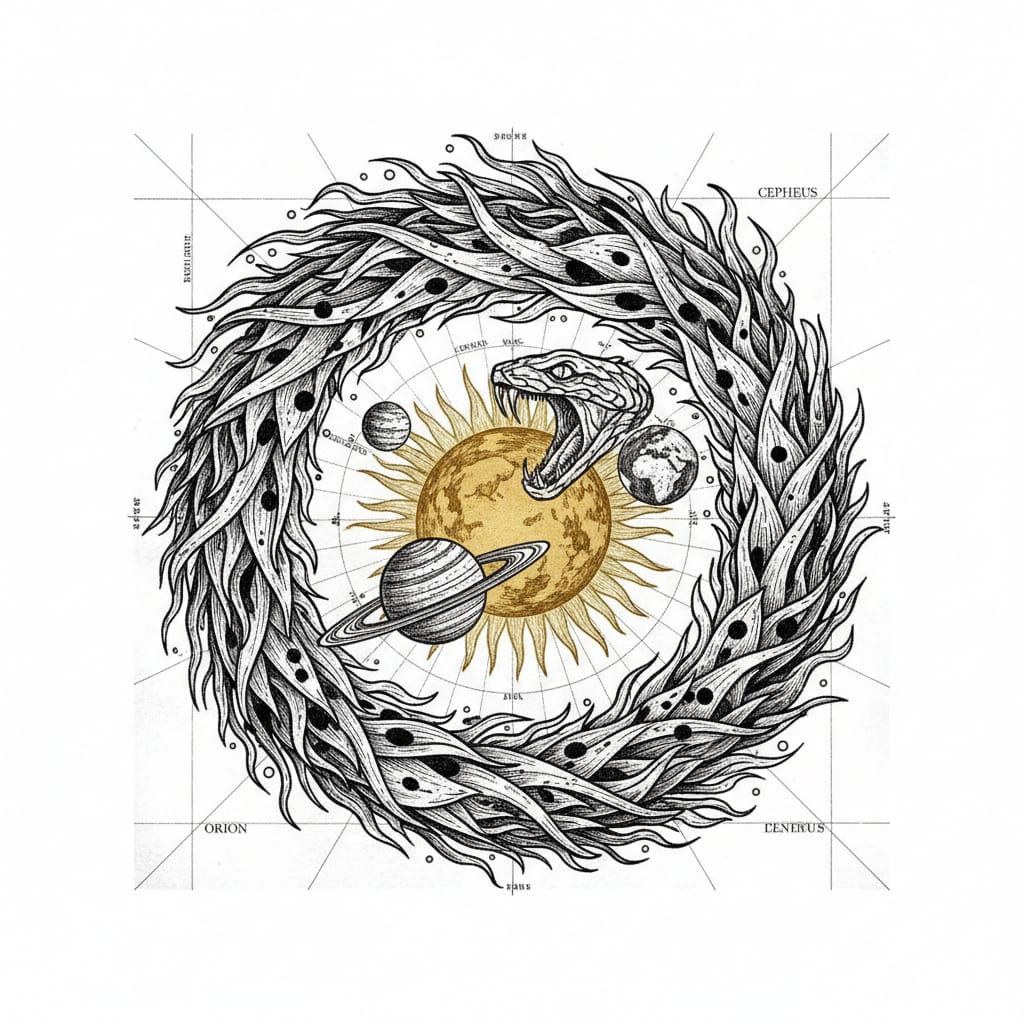 Solar Ouroboros Sun Vintage Astronomical Map Style