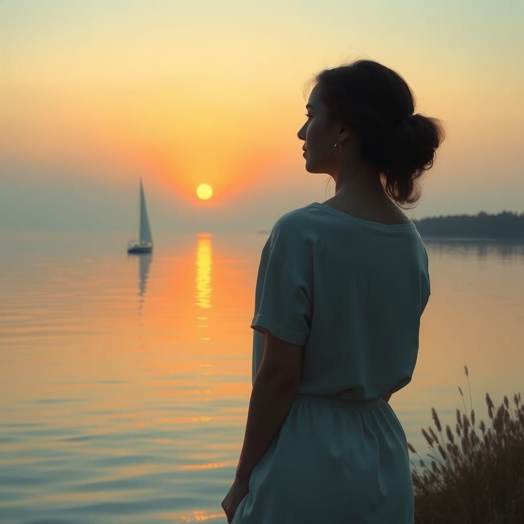 Woman Watching Sailboat at Dusk: Abstract Expressionism