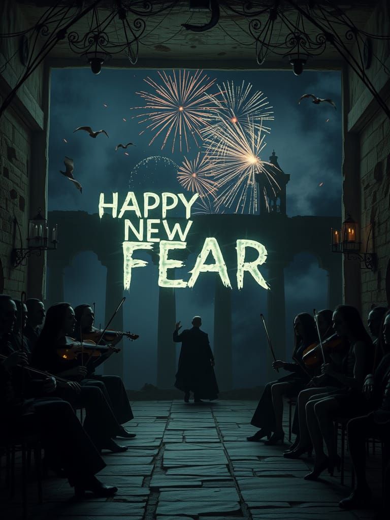 Undead Celebration in Ruined Palace with Gothic Fireworks