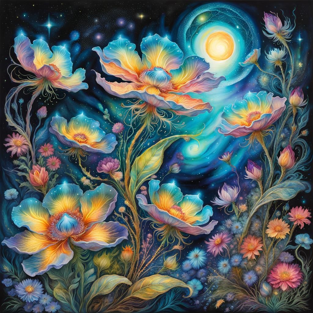 Bioluminescent Fantasy Flowers in Watercolor Style