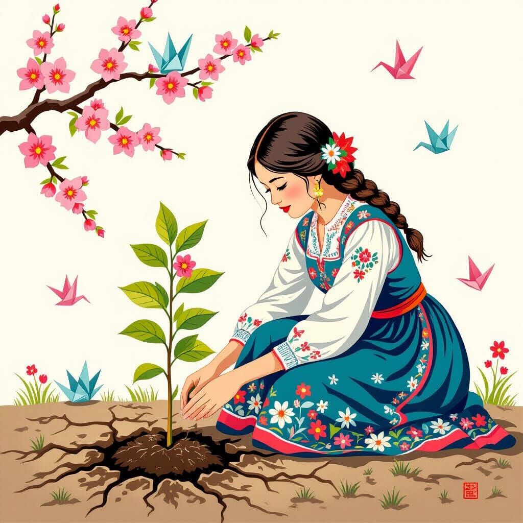Girl Plants Blooming Tree, Folk Art Style