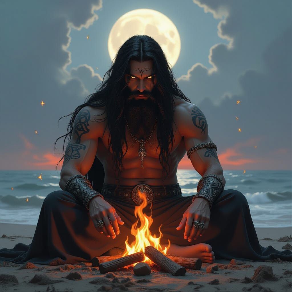 Dark Sorcerer by Fire on Desolate Shore