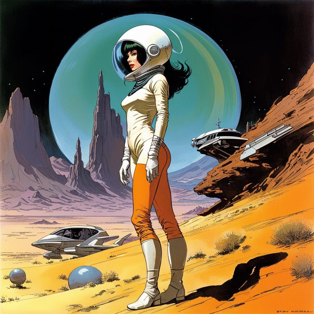 Astrogirl on Alien Planet in Retro Sci-Fi Style
